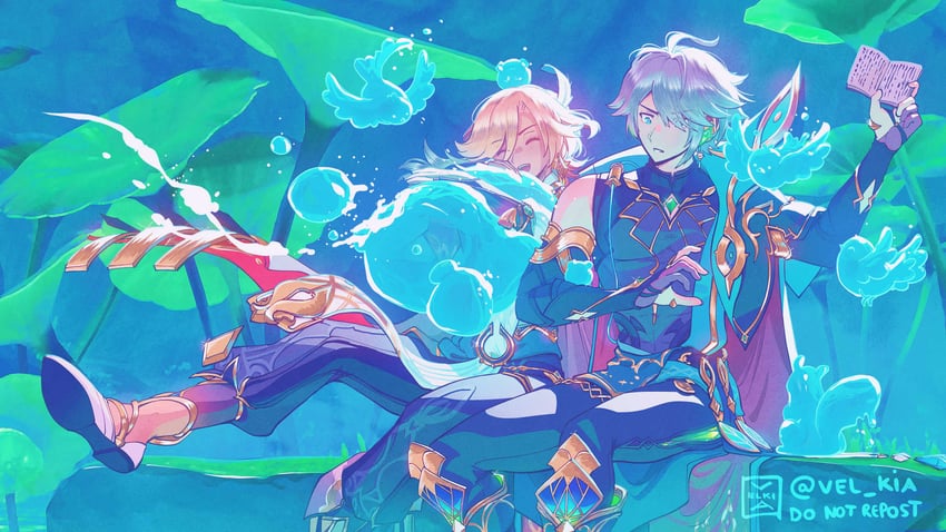 alhaitham, kaveh, and hydro eidolon (genshin impact) drawn by velkia