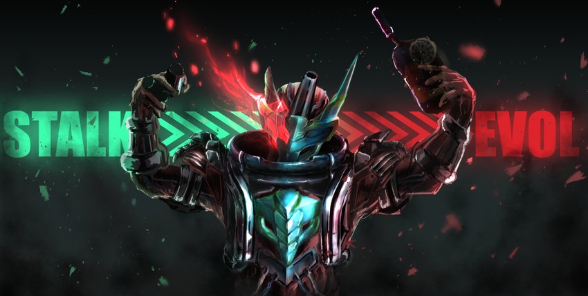 kamen rider evol, evolto, and blood stalk (kamen rider and 1 more) drawn by rakkyo_(nebiusu30)