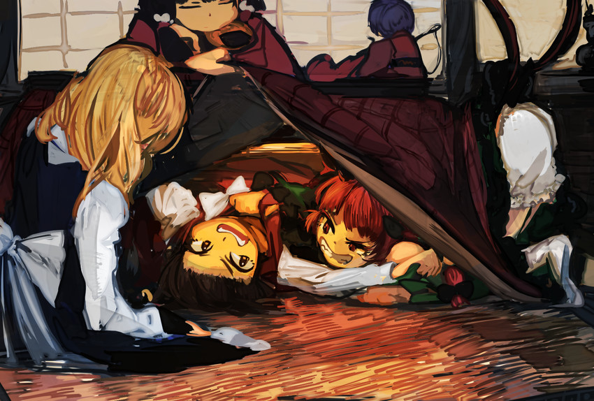 hakurei reimu, kirisame marisa, kaenbyou rin, chen, and sukuna shinmyoumaru (touhou) drawn by toritoma_(sweetandsour)