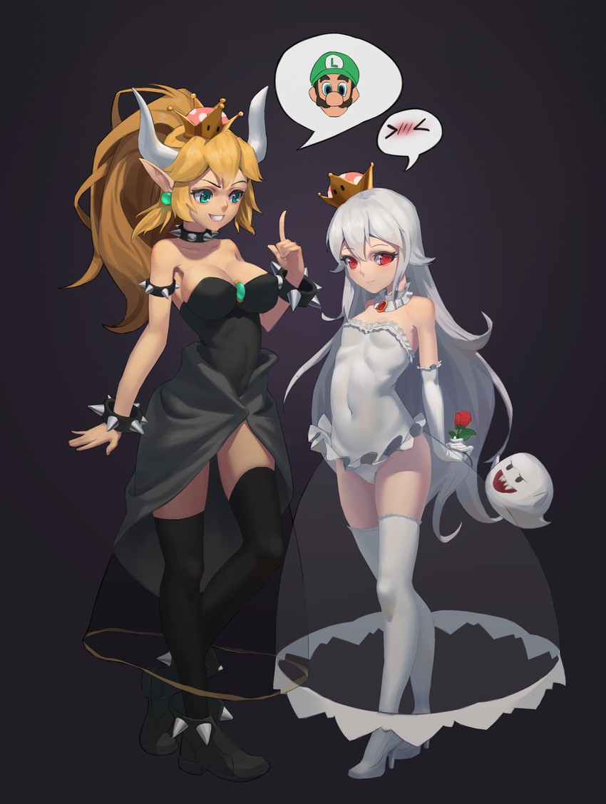 bowsette, luigi, princess king boo, and boo (mario and 2 more) drawn by akarra