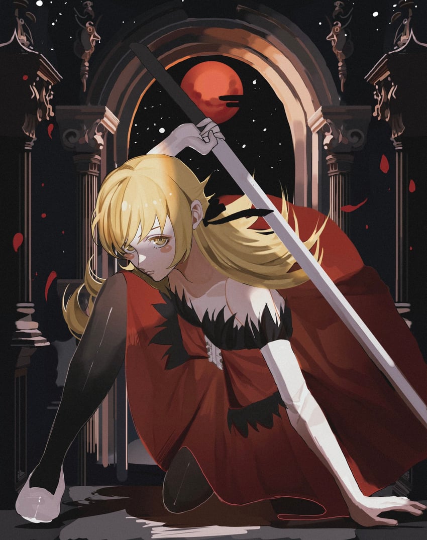 oshino shinobu and kiss-shot acerola-orion heart-under-blade (monogatari and 1 more) drawn by reo_(mmocc123)