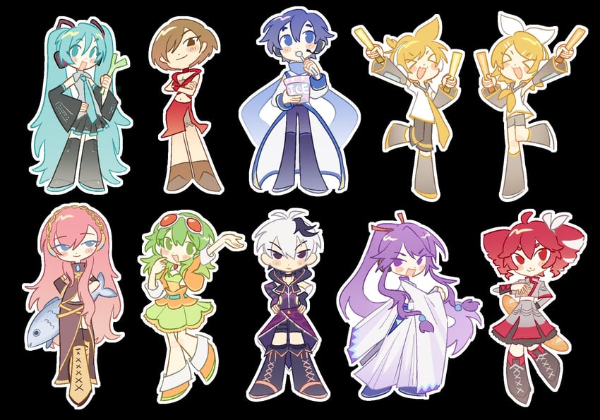 hatsune miku, kagamine rin, kagamine len, megurine luka, kasane teto, and 5 more (vocaloid and 2 more) drawn by ronnie