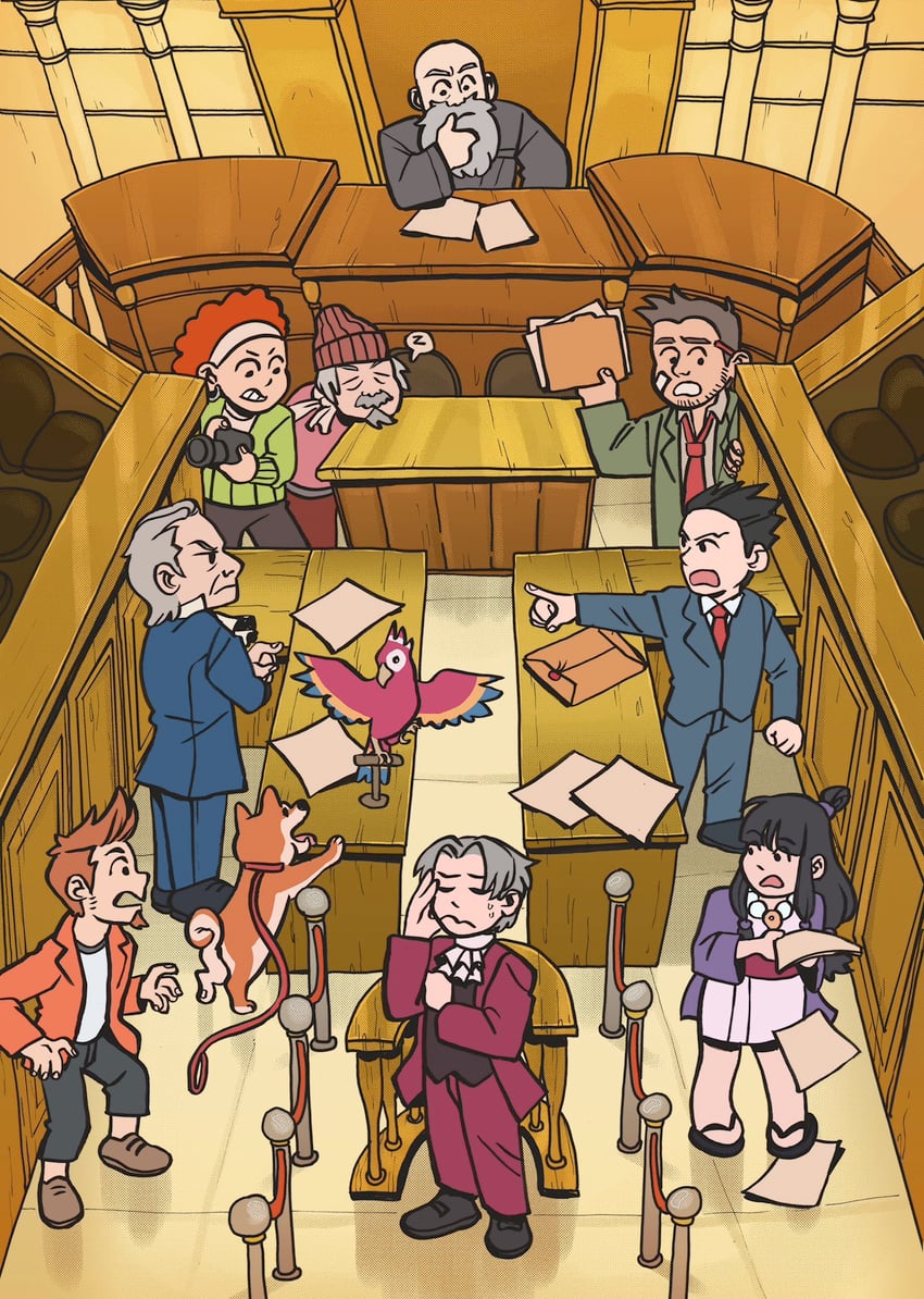 phoenix wright, miles edgeworth, maya fey, dick gumshoe, larry butz, and 6 more (ace attorney and 1 more) drawn by aalexfletcher
