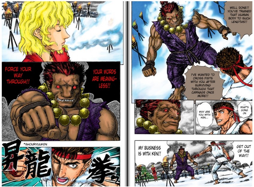 ryu, guts, ken masters, griffith, akuma, and 1 more (street fighter and 1 more) drawn by kanta_(asame_shinbun)