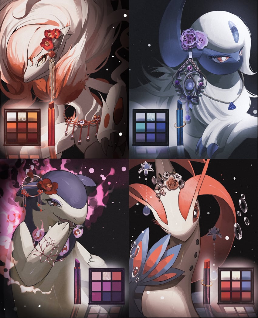 absol, milotic, hisuian typhlosion, and hisuian zoroark (pokemon) drawn by reo_(mmocc123)