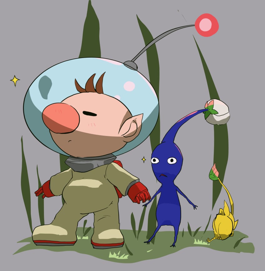 olimar, yellow pikmin, and blue pikmin (pikmin) drawn by isibatamako