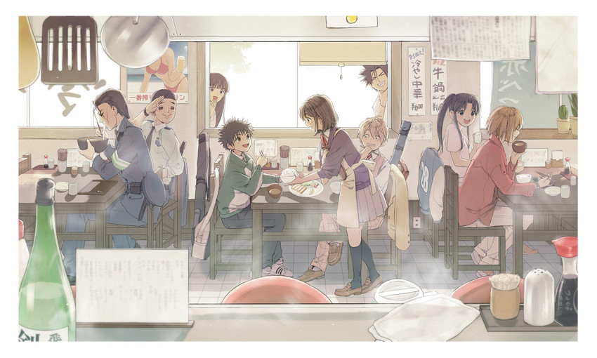 himura kenshin, kamiya kaoru, sagara sanosuke, saitou hajime, myoujin yahiko, and 4 more (rurouni kenshin) drawn by natsu_mikan_(level9)