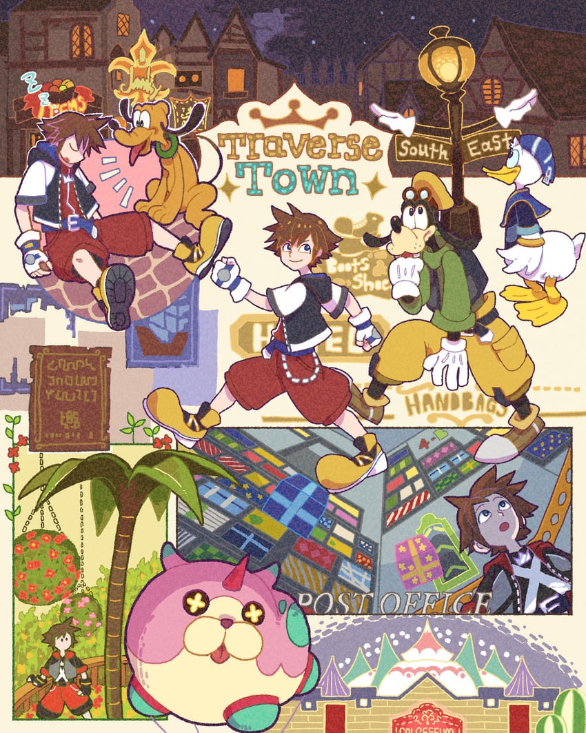 sora, donald duck, goofy, chirithy, and pluto (kingdom hearts and 3 more) drawn by yasakae