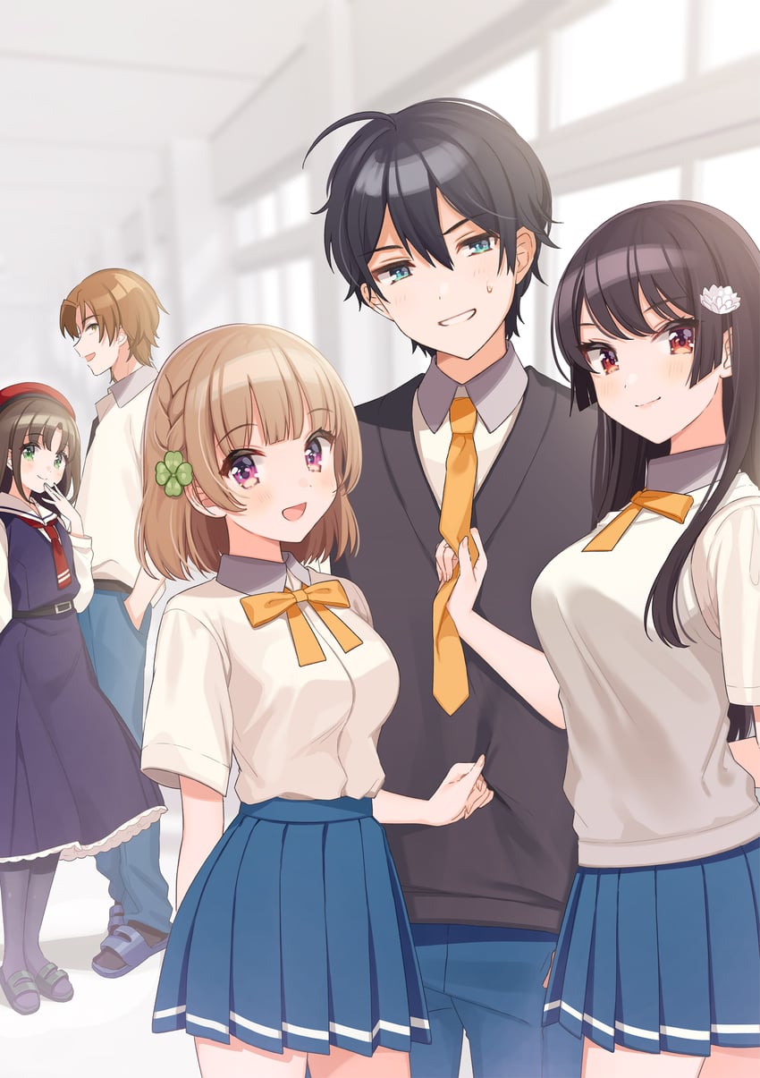 shida kuroha, maru sueharu, momosaka maria, kachi shirokusa, and kai tetsuhiko (osananajimi ga zettai ni makenai lovecome) drawn by shigure_ui