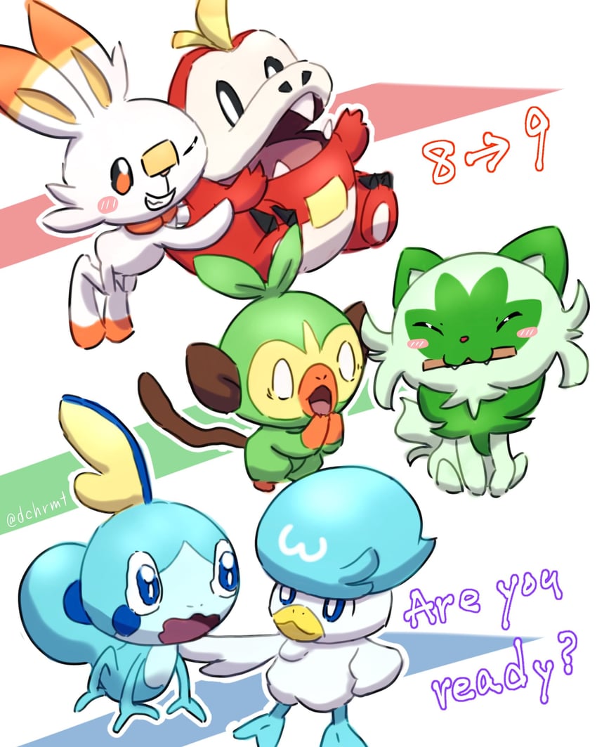 sprigatito, scorbunny, sobble, grookey, fuecoco, and 1 more (pokemon) drawn by yu_(pocketsun636)
