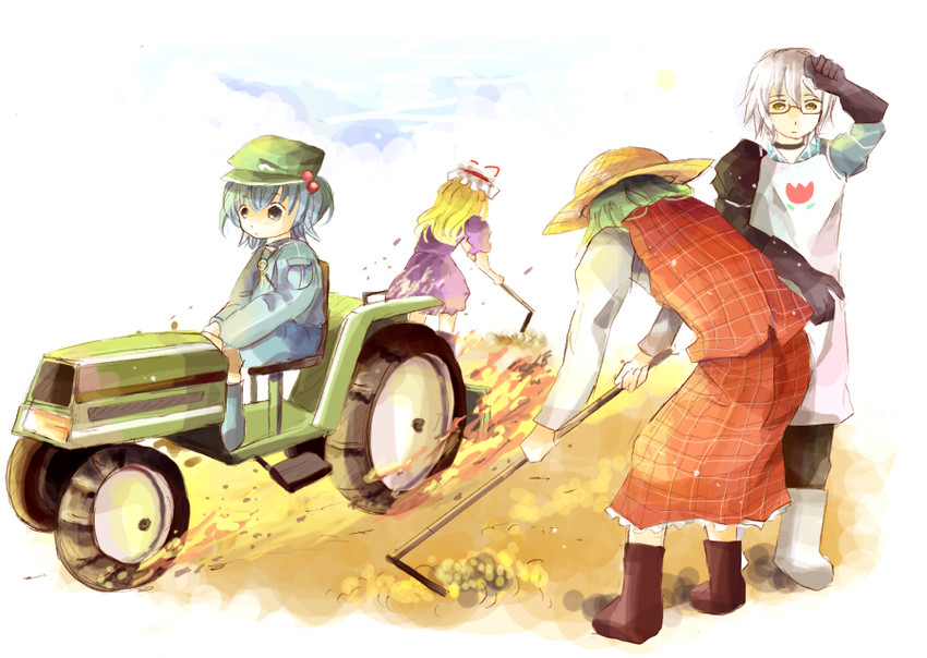 yakumo yukari, kazami yuuka, kawashiro nitori, and morichika rinnosuke (touhou) drawn by ichitaro
