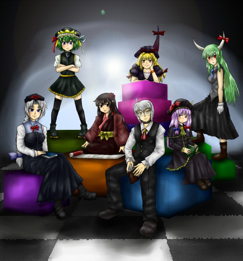 patchouli knowledge, yakumo yukari, kamishirasawa keine, yagokoro eirin, morichika rinnosuke, and 3 more (touhou) drawn by enokuma_uuta