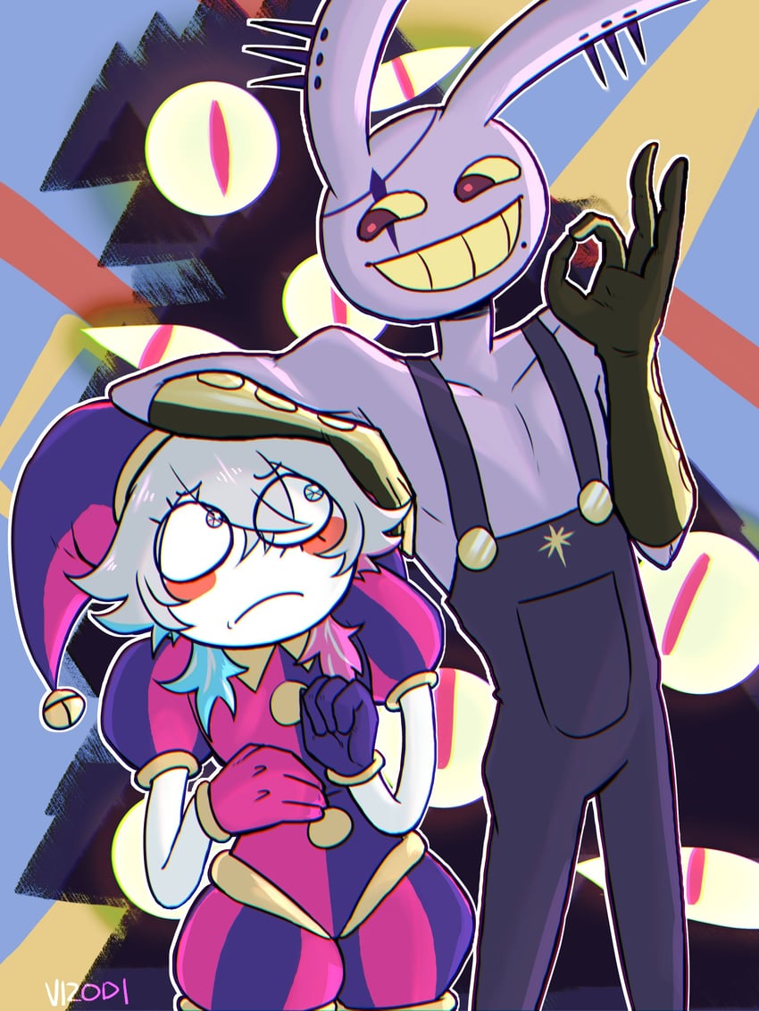 pomni, gavis bettel, jax, and magni dezmond (holostars and 2 more) drawn by vizodi