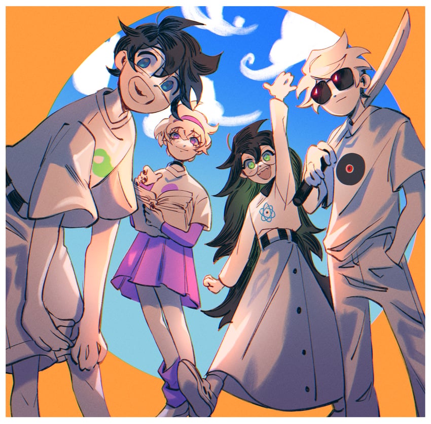 rose lalonde, jade harley, dave strider, and john egbert (homestuck) drawn by cyani07