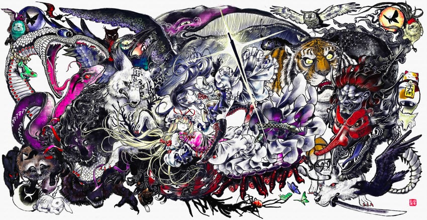 remilia scarlet, flandre scarlet, yakumo yukari, shameimaru aya, reisen udongein inaba, and 22 more (touhou) drawn by aks_hongbai_heihuang