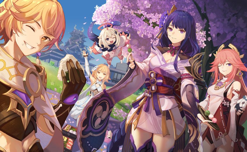 lumine, raiden shogun, aether, yae miko, and paimon (genshin impact) drawn by niac