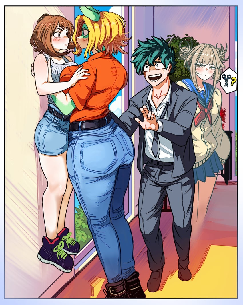 midoriya izuku, uraraka ochaco, toga himiko, and ippan josei (boku no hero academia) drawn by vlizz