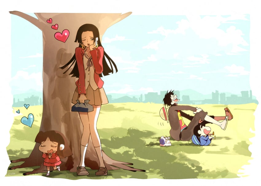 monkey d. luffy, boa hancock, nohara shinnosuke, den den mushi, and suotome ai (one piece and 1 more) drawn by sanam_1piece