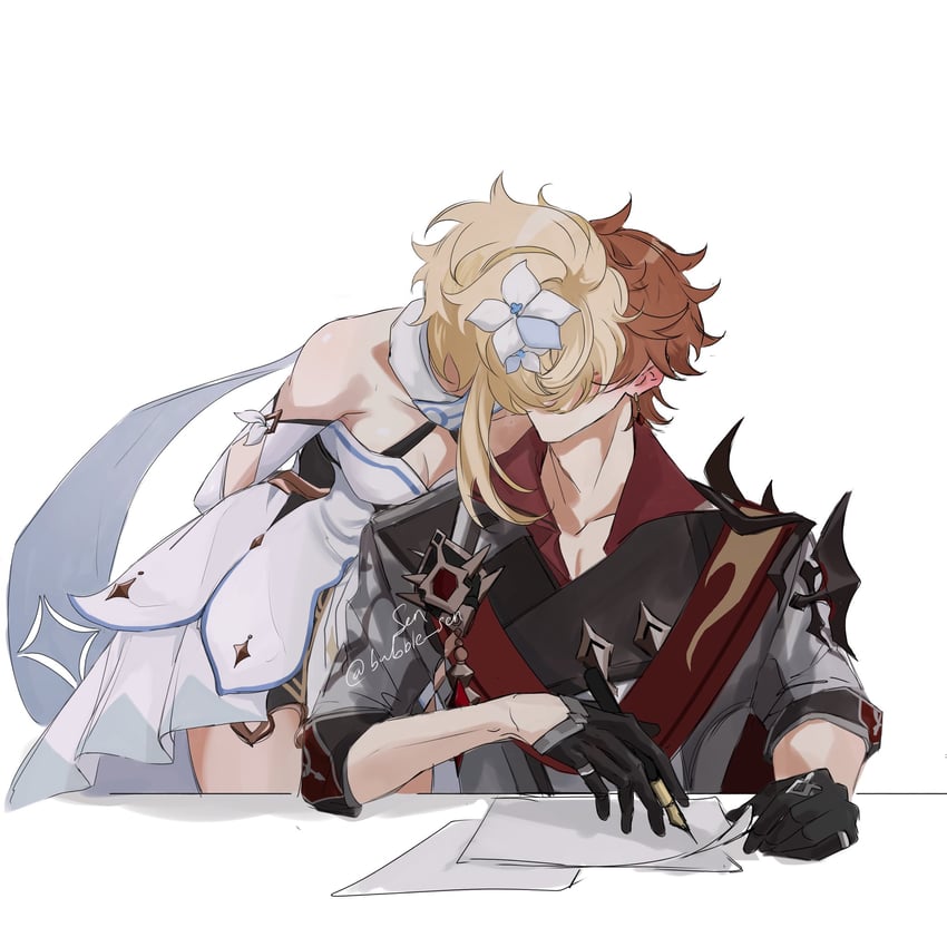 lumine and tartaglia (genshin impact) drawn by sen_(bubble_sen)
