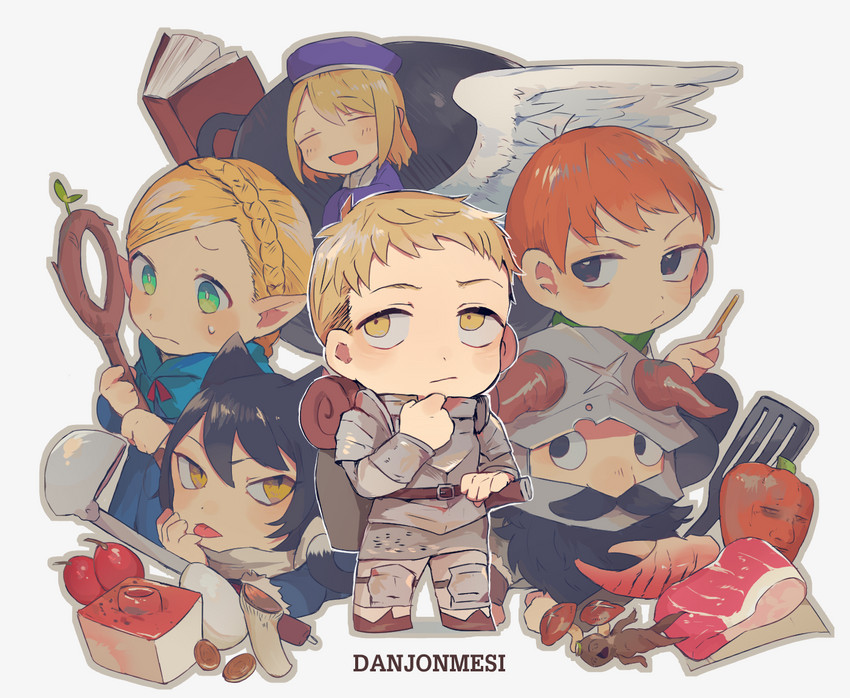 marcille donato, falin touden, laios touden, senshi, chilchuck tims, and 1 more (dungeon meshi) drawn by senpuuki_(lince0713)