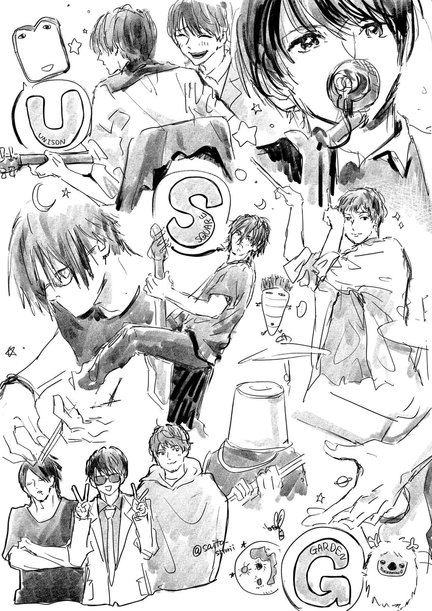 saitou kousuke, tabuchi tomoya, and suzuki takao (unison square garden) drawn by saito_shiorii