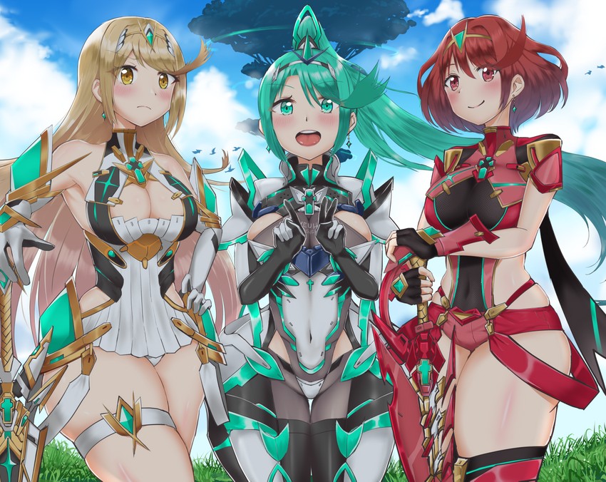 pyra, mythra, and pneuma (xenoblade chronicles and 1 more) drawn by ii_tea