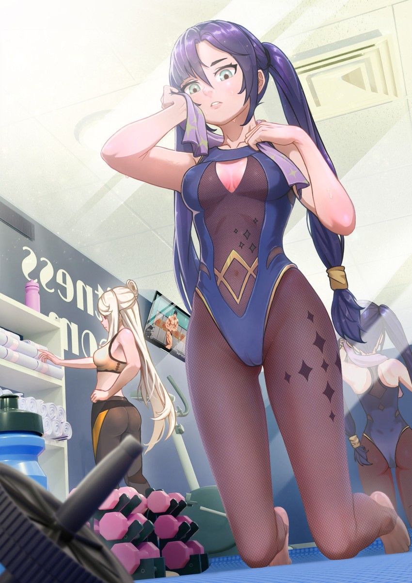 mona, ningguang, and machio naruzou (genshin impact and 1 more) drawn by songjo