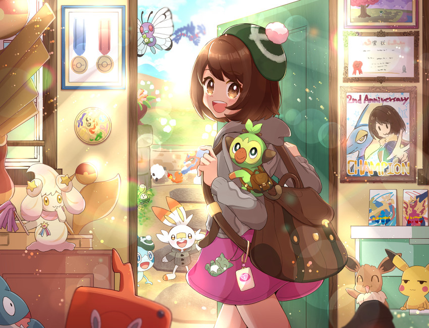 pikachu, gloria, eevee, rotom, rotom phone, and 13 more (pokemon and 2 more) drawn by haru_(haruxxe)