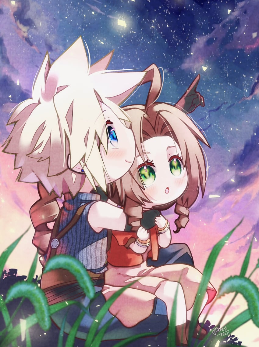 cloud strife and aerith gainsborough (final fantasy and 3 more) drawn by arestear0701