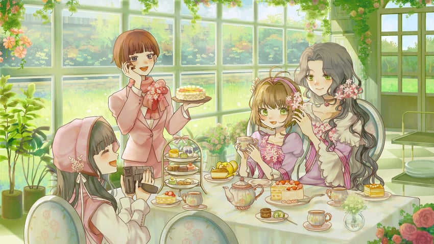 kinomoto sakura, kero, daidouji tomoyo, kinomoto nadeshiko, and daidouji sonomi (cardcaptor sakura) drawn by wei_bear