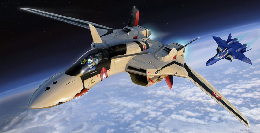 yf-19, isamu dyson, yf-21, and guld goa bowman (macross and 1 more) drawn by mick_(m.ishizuka)