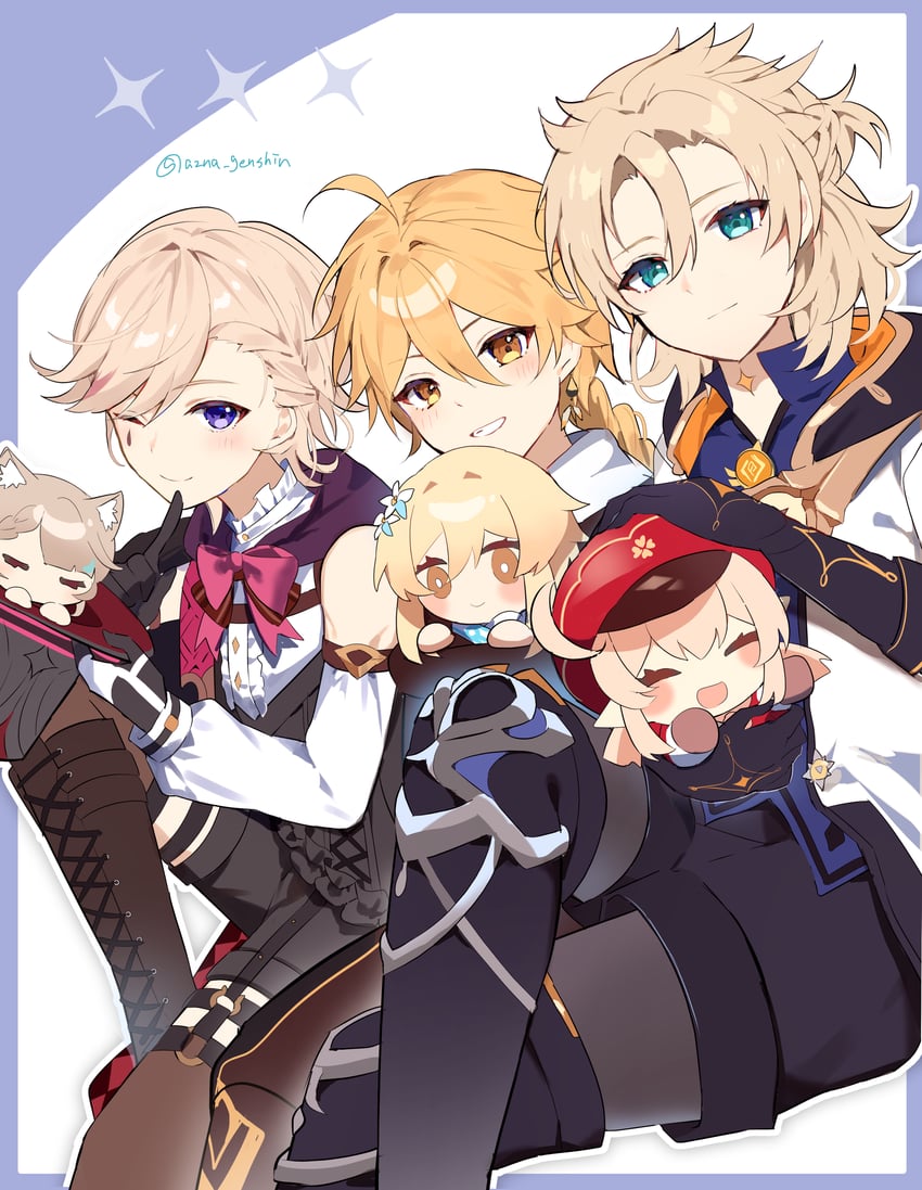 lumine, aether, klee, albedo, lynette, and 1 more (genshin impact) drawn by azna