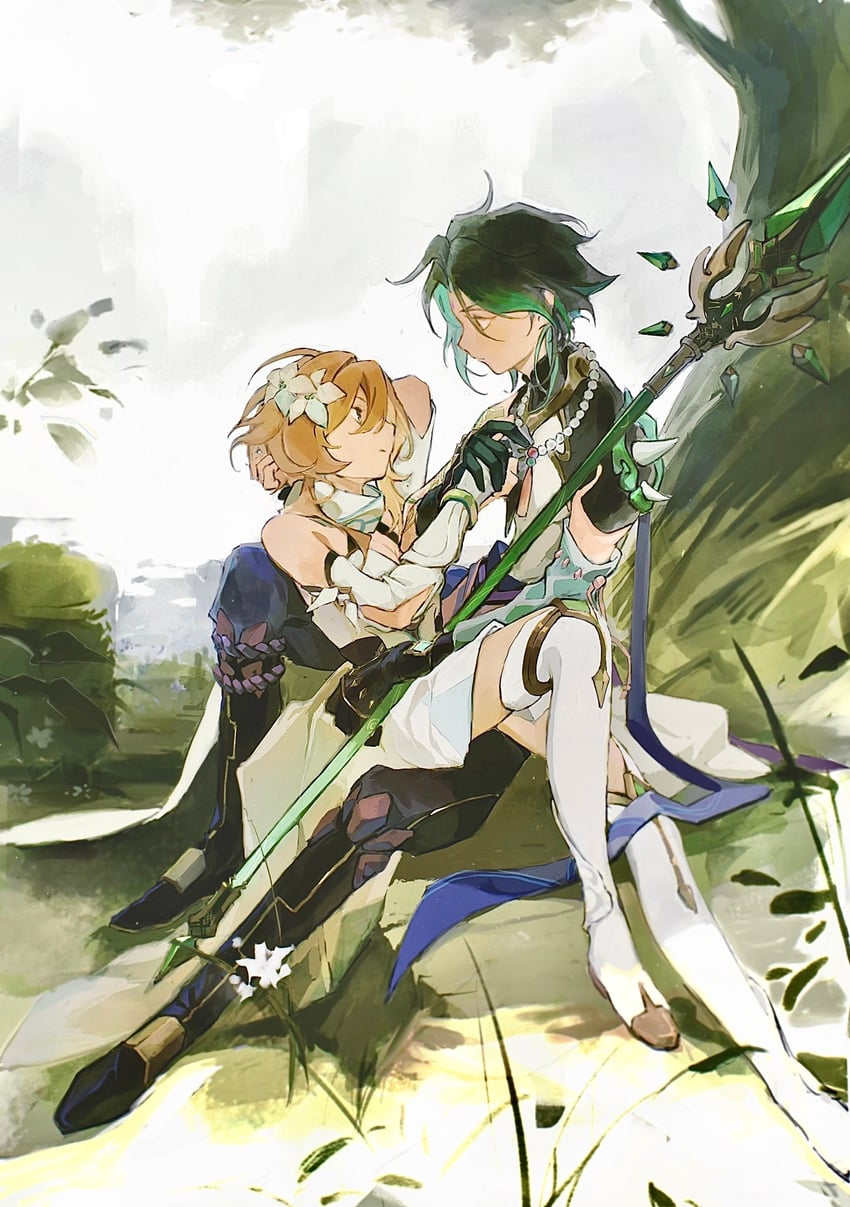 lumine and xiao (genshin impact) drawn by n.s.egg