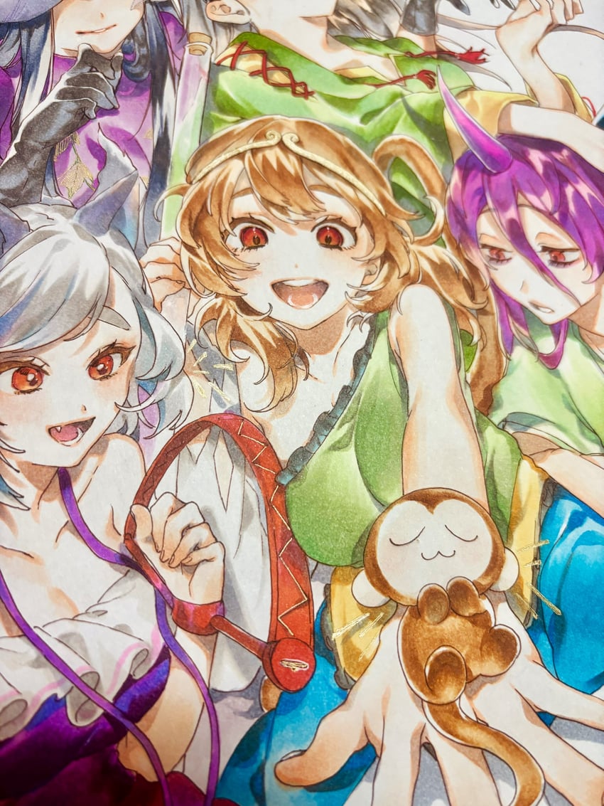 yomotsu hisami, tenkajin chiyari, son biten, nippaku zanmu, and mitsugashira enoko (touhou) drawn by yamazaki_tsukune