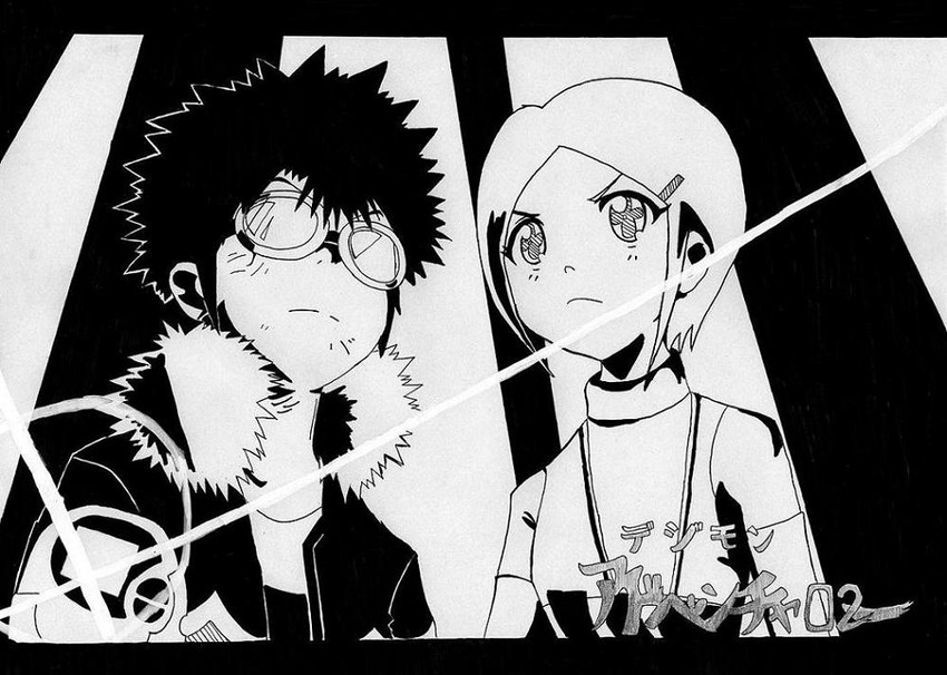 yagami hikari and motomiya daisuke (digimon and 2 more) drawn by sk_(pixiv_139886)