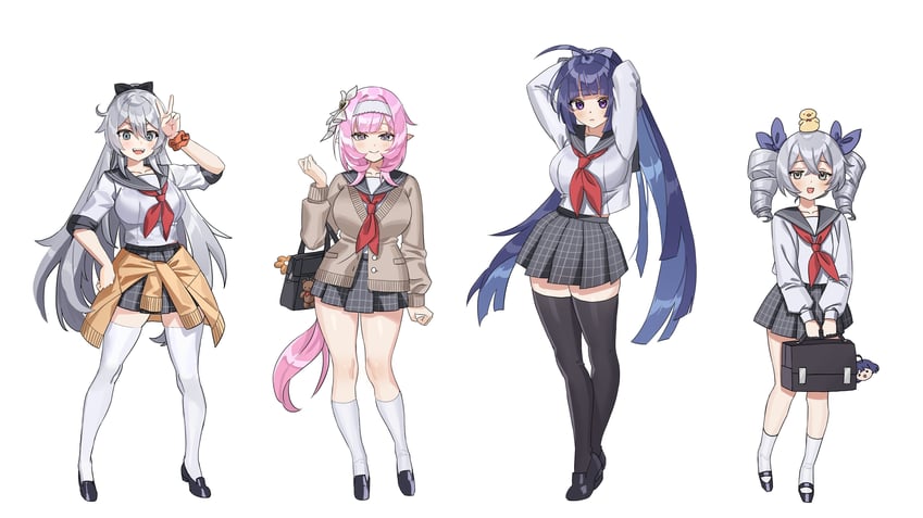 elysia, kiana kaslana, raiden mei, and bronya zaychik (honkai and 1 more) drawn by q2_qee