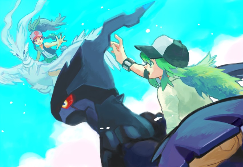 hilda, n, reshiram, and zekrom (pokemon and 1 more) drawn by shirataki_(sukiyaki_nabe)