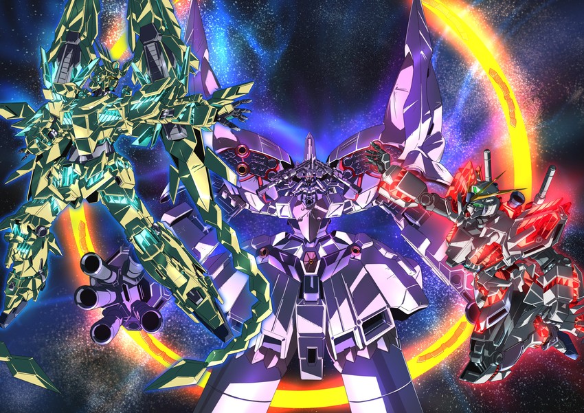 unicorn gundam phenex, narrative gundam, sinanju stein, narrative gundam c-packs, and ii neo zeong (gundam and 1 more) drawn by tyuuboutyauyo