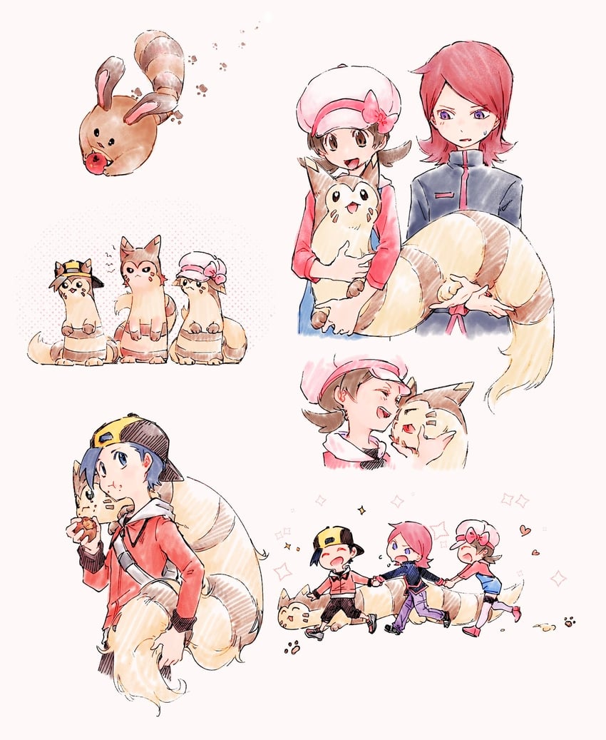 ethan, lyra, silver, furret, and sentret (pokemon and 1 more) drawn by tan_carbonnn