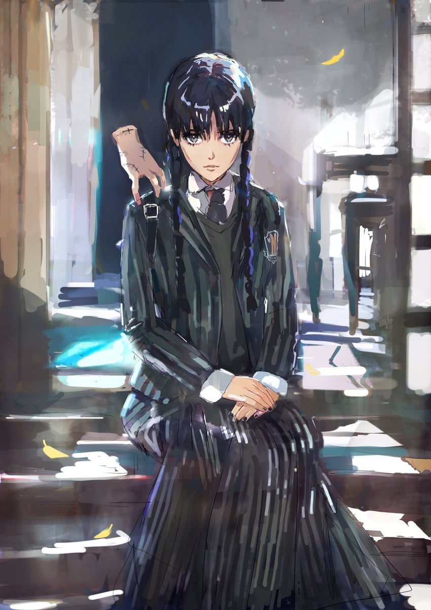 wednesday addams and thing (addams family and 1 more) drawn by ooi_choon_liang