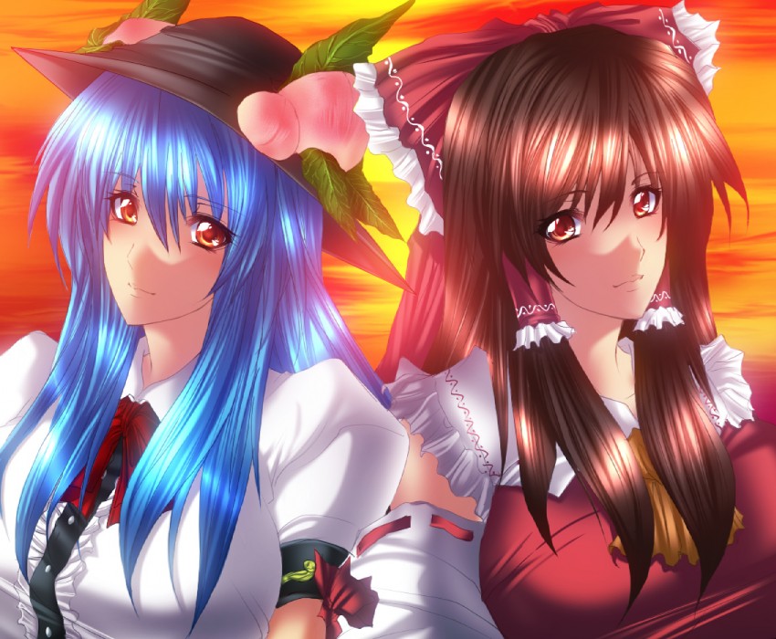 hakurei reimu and hinanawi tenshi (touhou) drawn by juri_(shiningred)