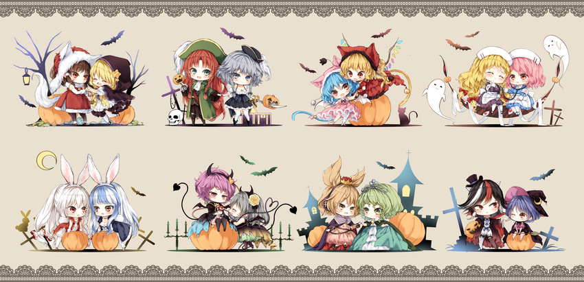 hakurei reimu, kirisame marisa, remilia scarlet, flandre scarlet, izayoi sakuya, and 11 more (touhou) drawn by piyokichi