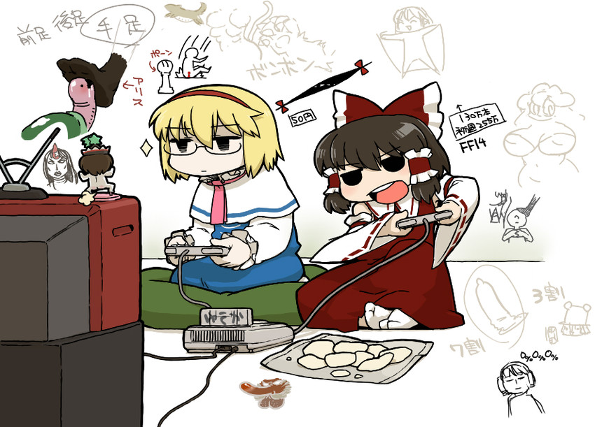 hakurei reimu, alice margatroid, moriya suwako, hoshiguma yuugi, and lyrica prismriver (touhou) drawn by ume_(noraneko)