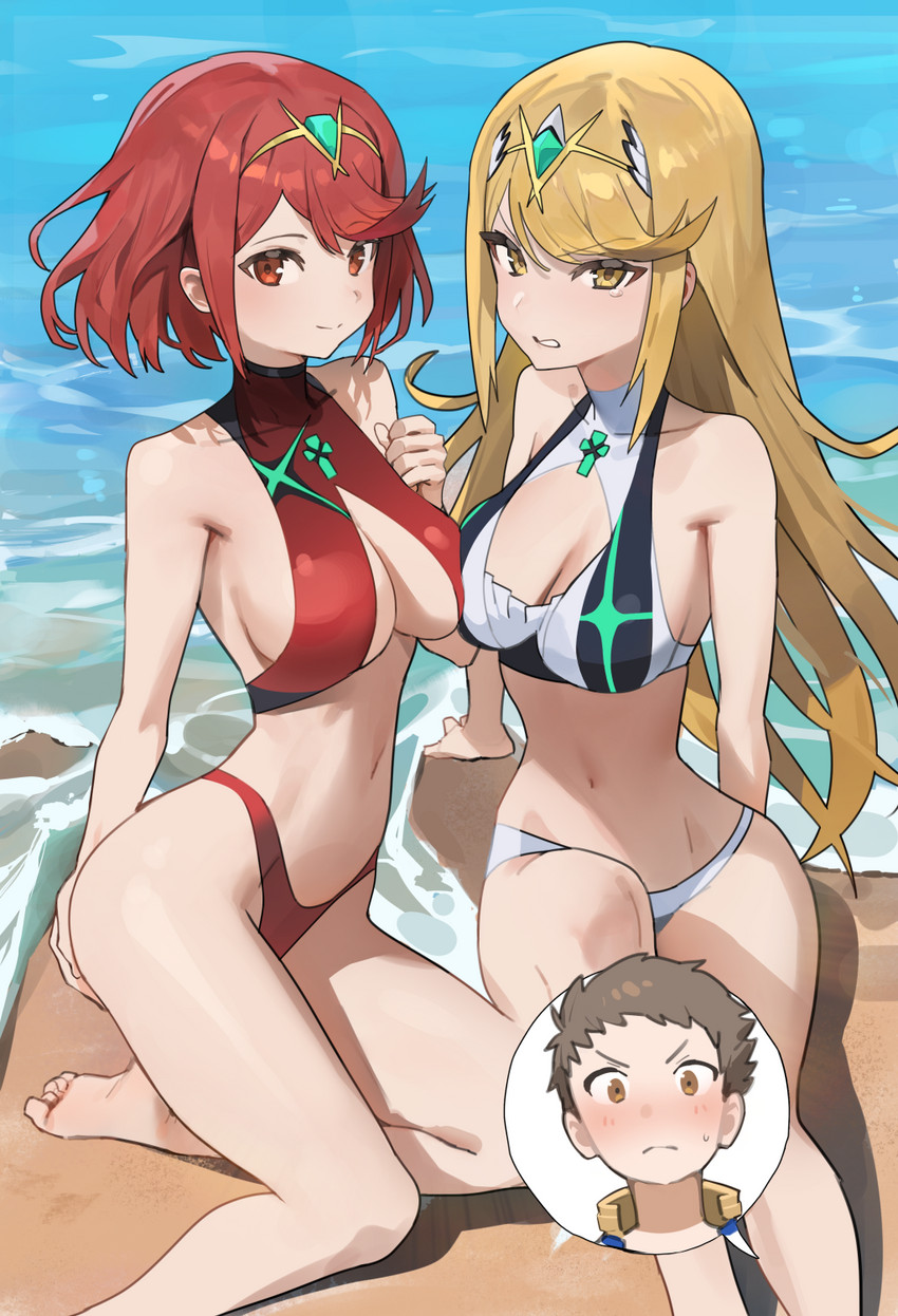 pyra, mythra, and rex (xenoblade chronicles and 1 more) drawn by hood_(james_x)
