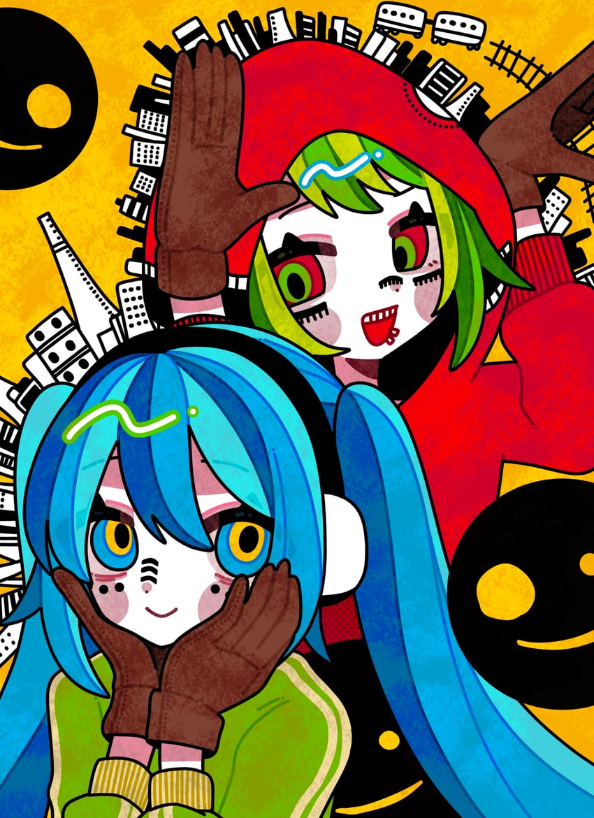 hatsune miku and gumi (vocaloid and 1 more) drawn by okayu_(cwtv7823)