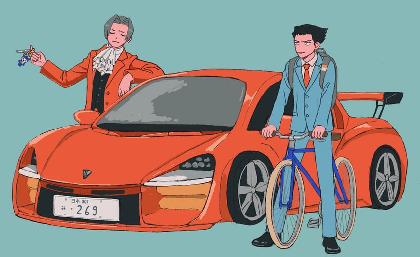phoenix wright, miles edgeworth, and blue badger (ace attorney) drawn by 23011620x