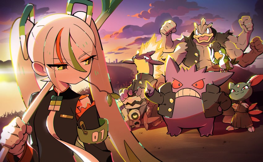 hatsune miku, gengar, machamp, sneasel, toxtricity, and 3 more (pokemon and 2 more) drawn by gaogao_(gaogaomegu)