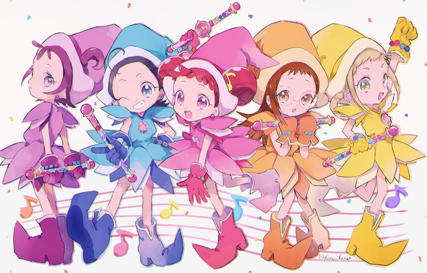 harukaze doremi, segawa onpu, fujiwara hazuki, senoo aiko, and asuka momoko (ojamajo doremi) drawn by hano_luno