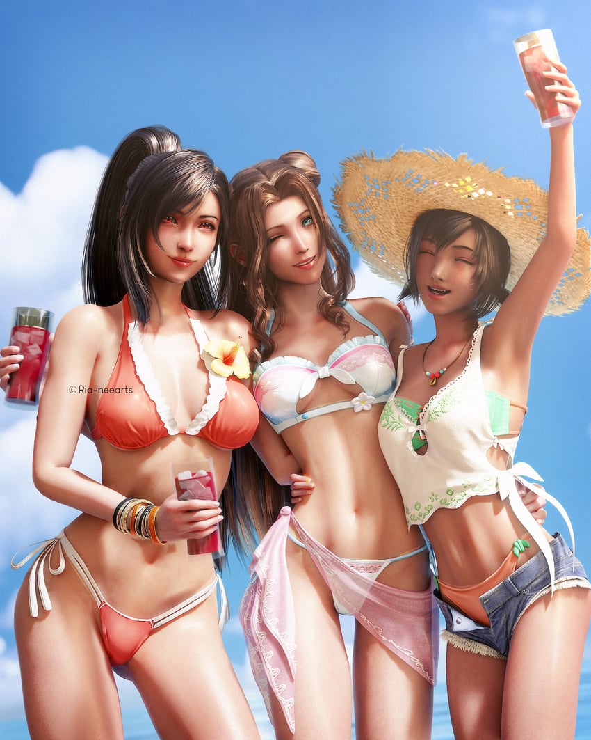 tifa lockhart, aerith gainsborough, and yuffie kisaragi (final fantasy and 2 more) drawn by ria_(baka-neearts)