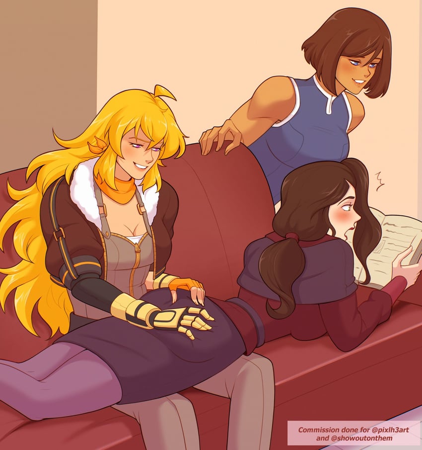 yang xiao long, korra, and asami sato (rwby and 2 more) drawn by yellow_nicky
